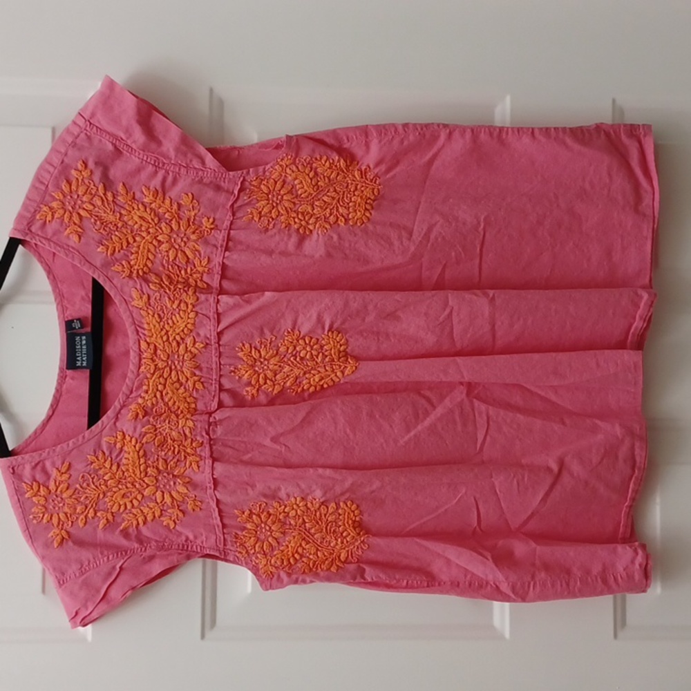 Madison Mathews pink orange embroidered cotton top blouse shirt sz XL